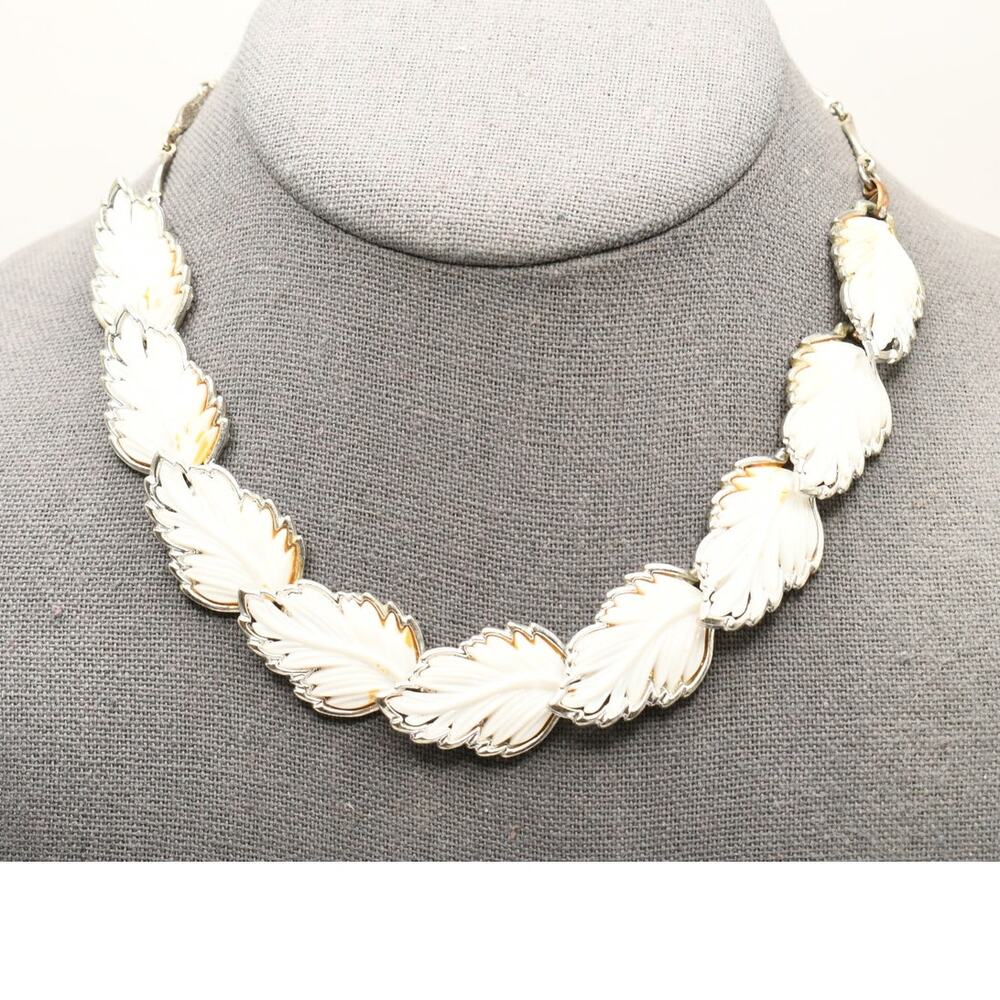 Vintage White Lucite Leaf Necklace Silver Tone 1950s Distressed As Is